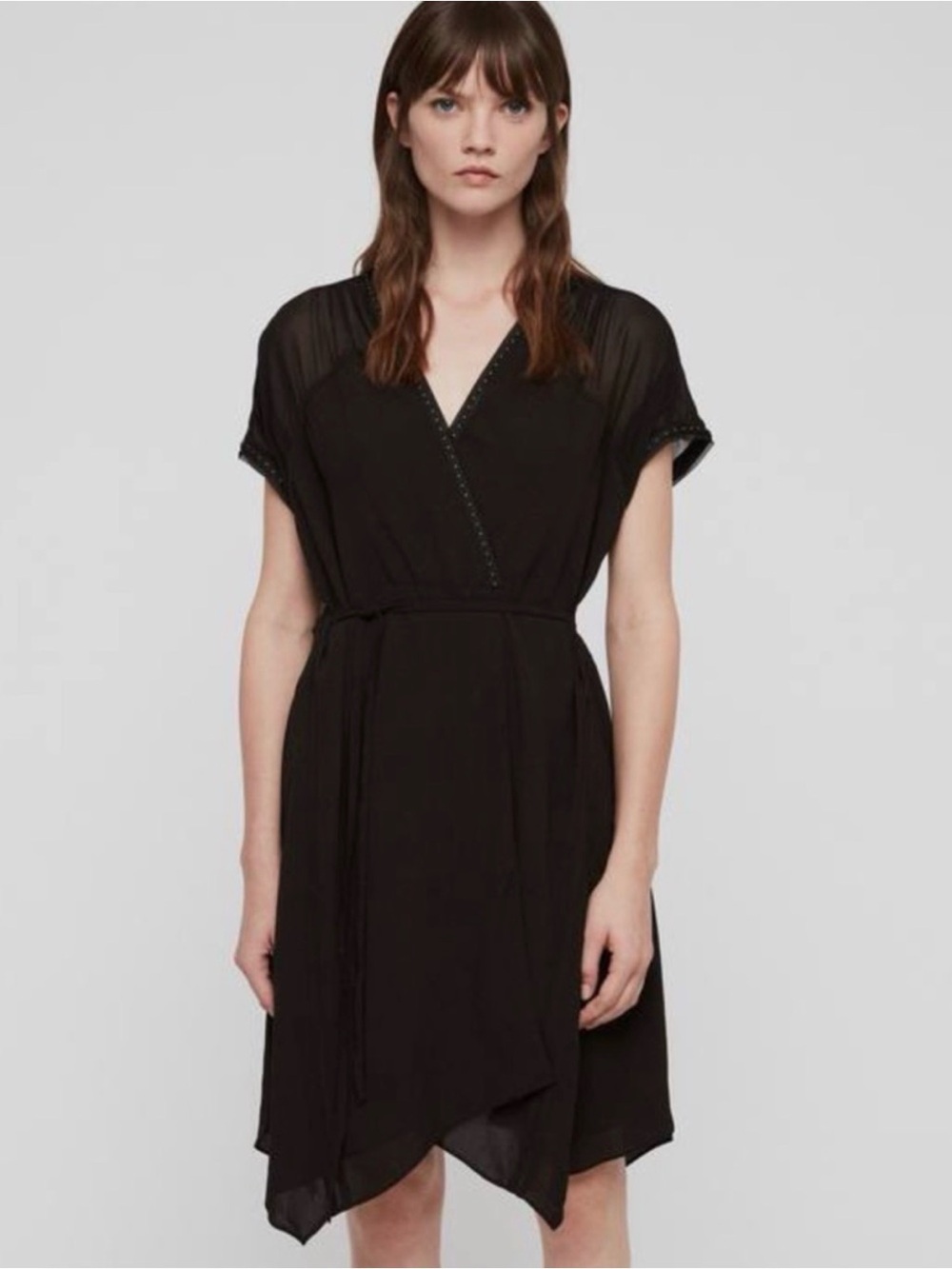 AllSaints Black Claria Asymmetrical Wrap Dress stud detail V-neckline small